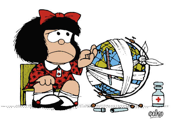 Mafalda preocupada al lado de un globo terraqueo enfermo lleno de vendas al que le ha puesto el termómetro
